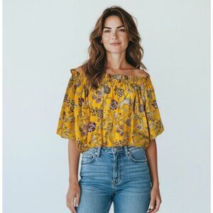 Floral Block Print Blouse Off Shoulder peasant Boho Yellow M/L